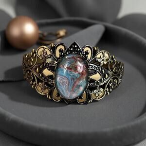 Steampunk Bronze Filigree Cuff Bracelet with Venetian Glass Stone~1970’s